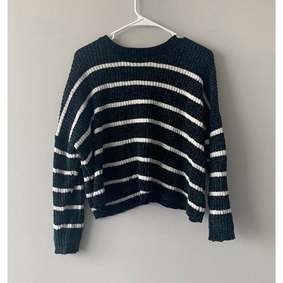 Forever 21 Plus Women Green White Striped Crochet Comfy Knit Top Fall Chic - Picture 1 of 9